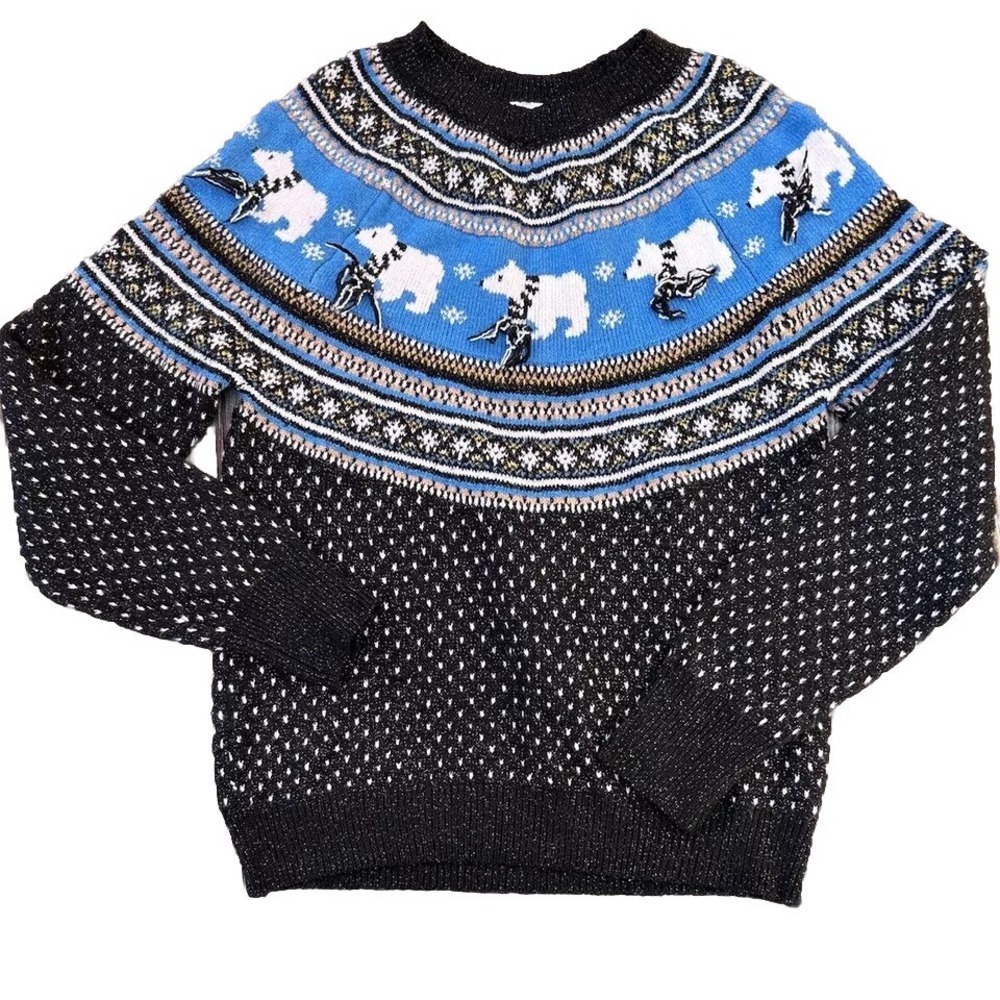 Holiday Time Fair Isle Metallic Polar Bear Granny Ugly Christmas Party Sweater S